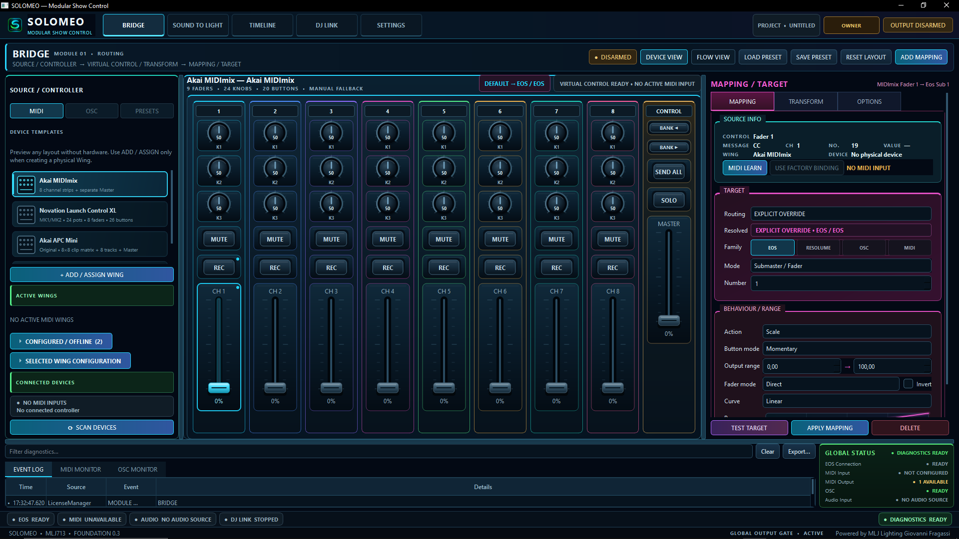 Real SOLOMEO Bridge application interface